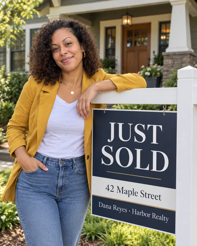 Dana, a fictional realtor, smiling next to a Just Sold sign for 42 Maple Street