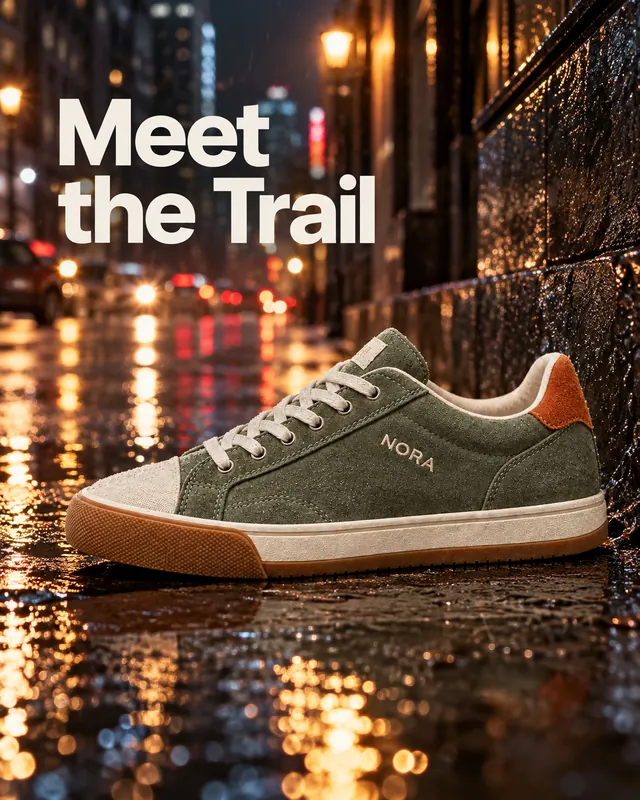 The same sneaker on a rainy city street at night with the headline Meet the Trail