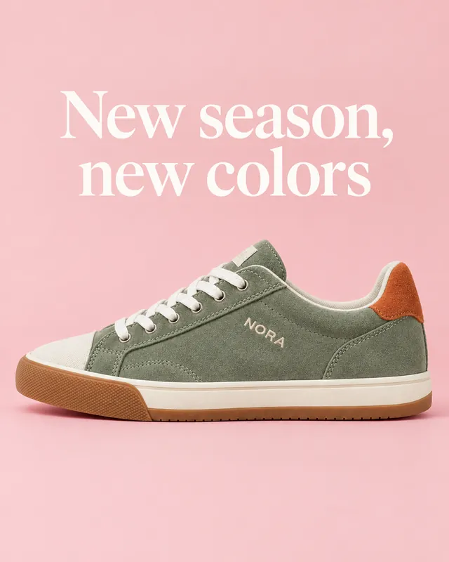 The same sneaker in a studio shot on a pastel pink background with the headline New season, new colors