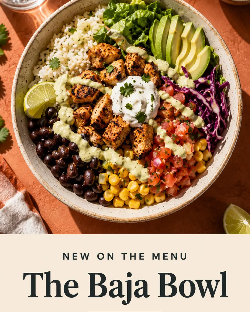 Baja bowl promo on terracotta backdrop